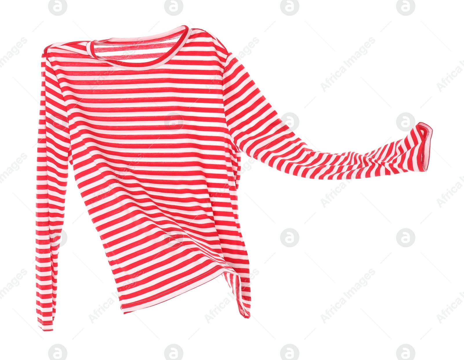 Photo of One striped long sleeve shirt in air isolated on white