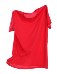 Photo of One red t-shirt in air isolated on white