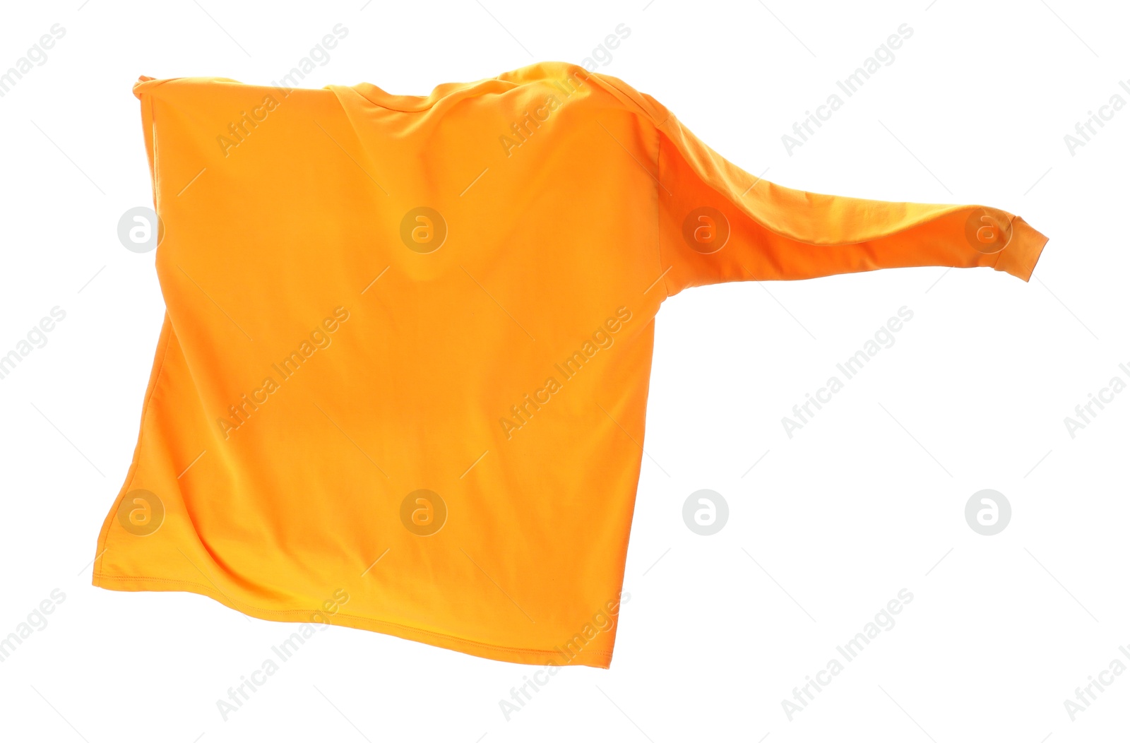 Photo of One orange long sleeve shirt in air isolated on white