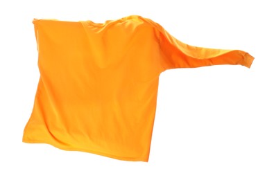 Photo of One orange long sleeve shirt in air isolated on white