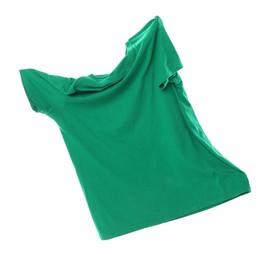 Photo of One green t-shirt in air isolated on white