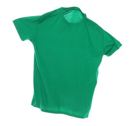 Photo of One green t-shirt in air isolated on white