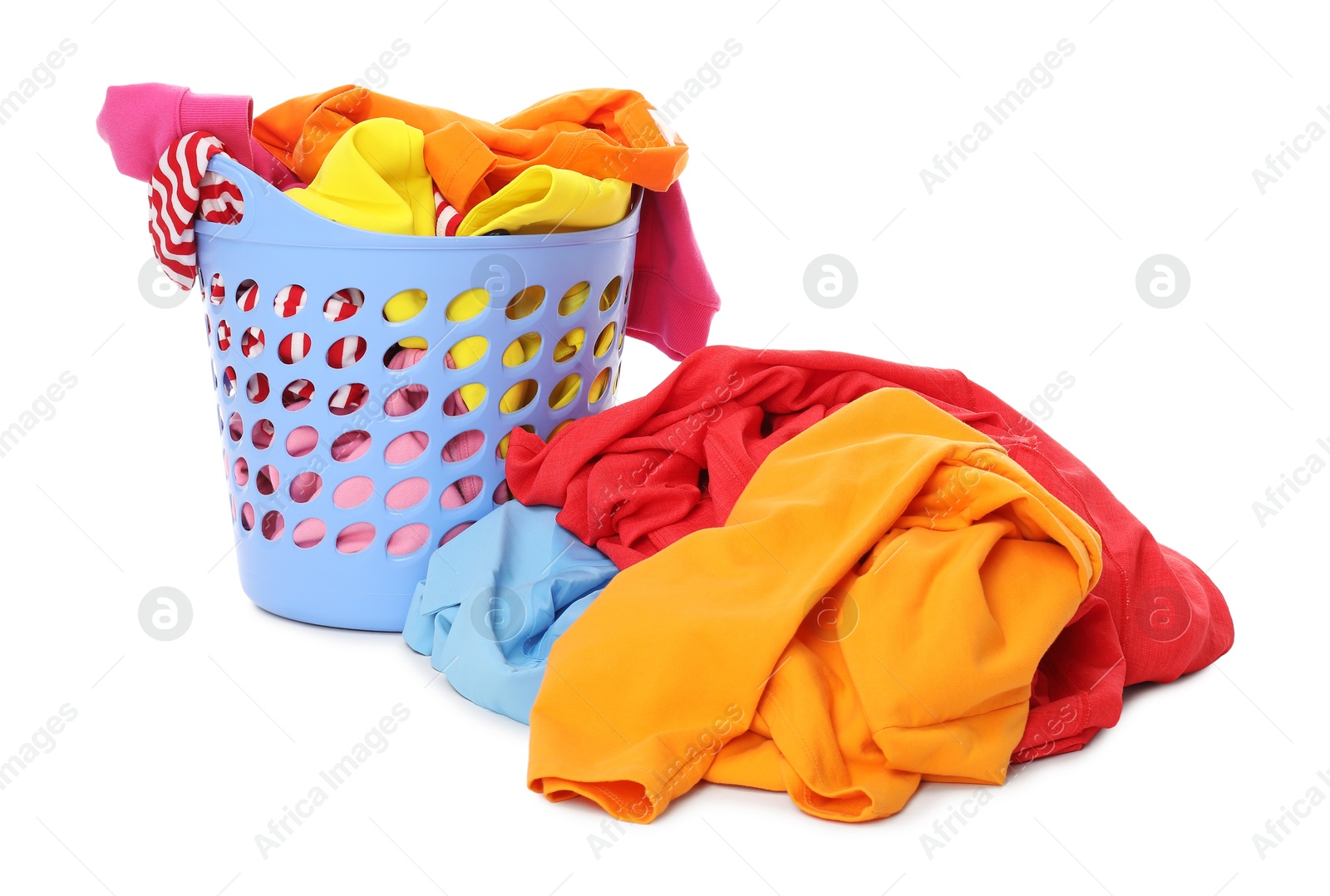 Photo of Laundry basket with colorful clothes isolated on white