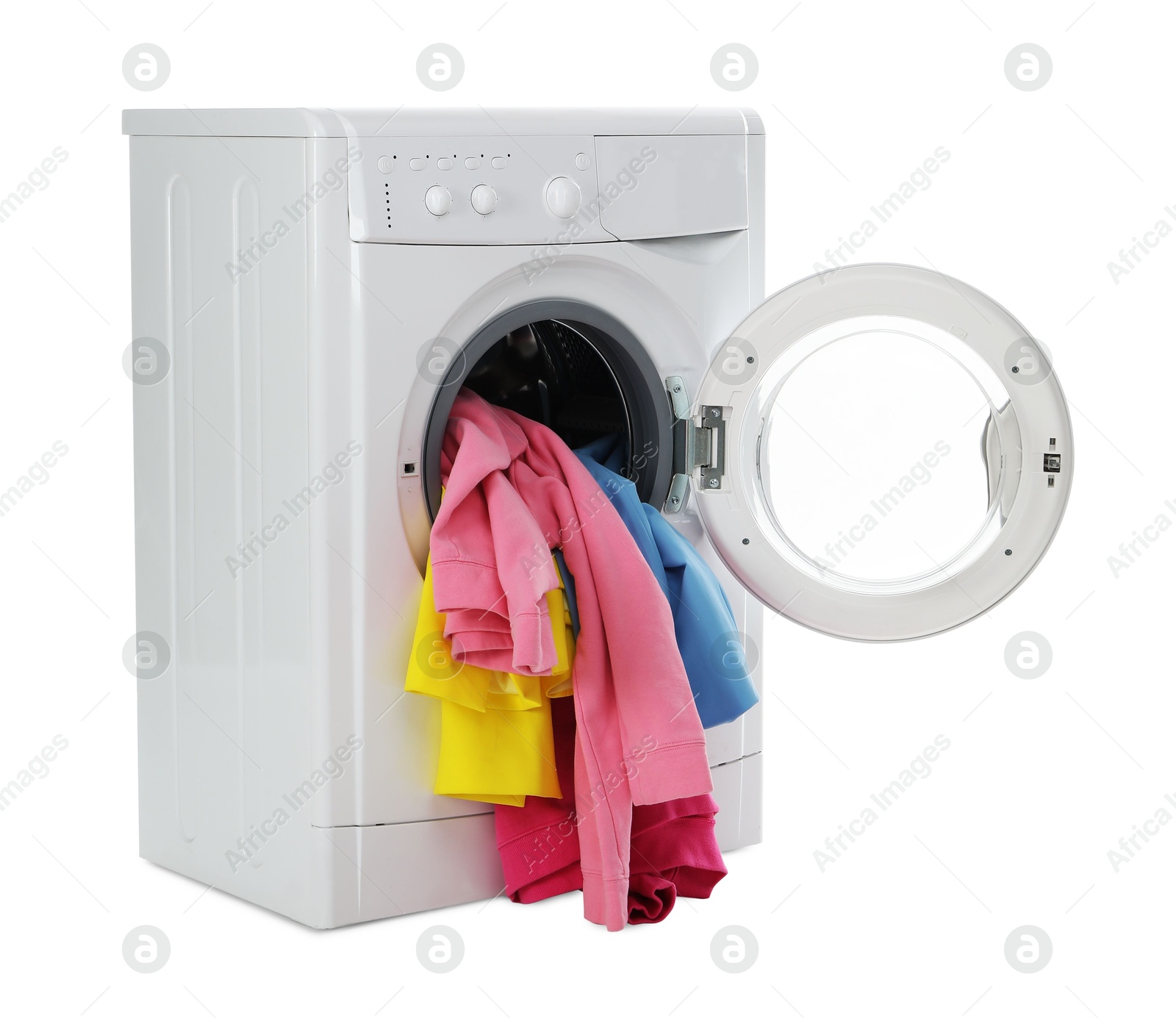 Photo of Modern washing machine with colorful laundry isolated on white