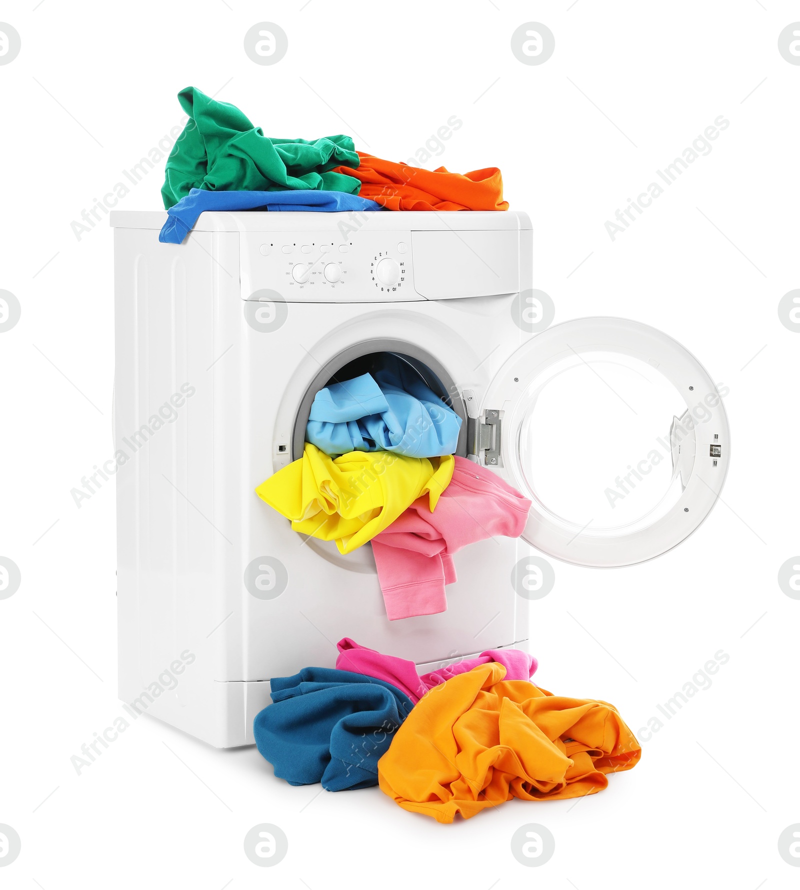 Photo of Modern washing machine with colorful laundry isolated on white