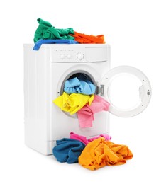 Photo of Modern washing machine with colorful laundry isolated on white