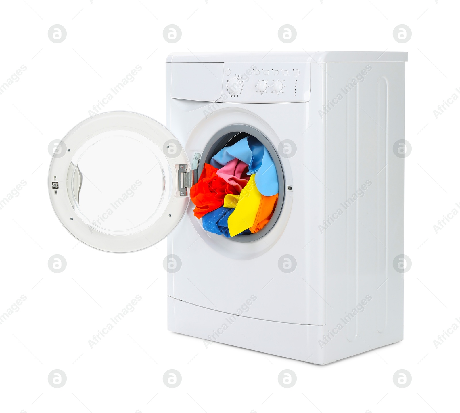 Photo of Modern washing machine with colorful laundry isolated on white