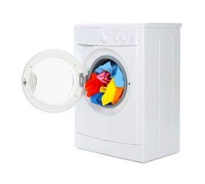 Photo of Modern washing machine with colorful laundry isolated on white