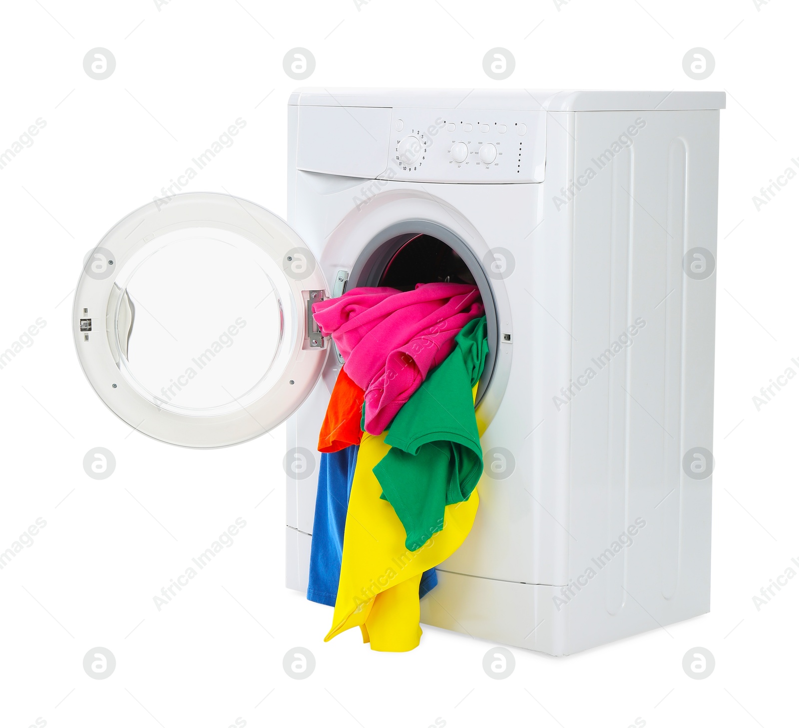 Photo of Modern washing machine with colorful laundry isolated on white