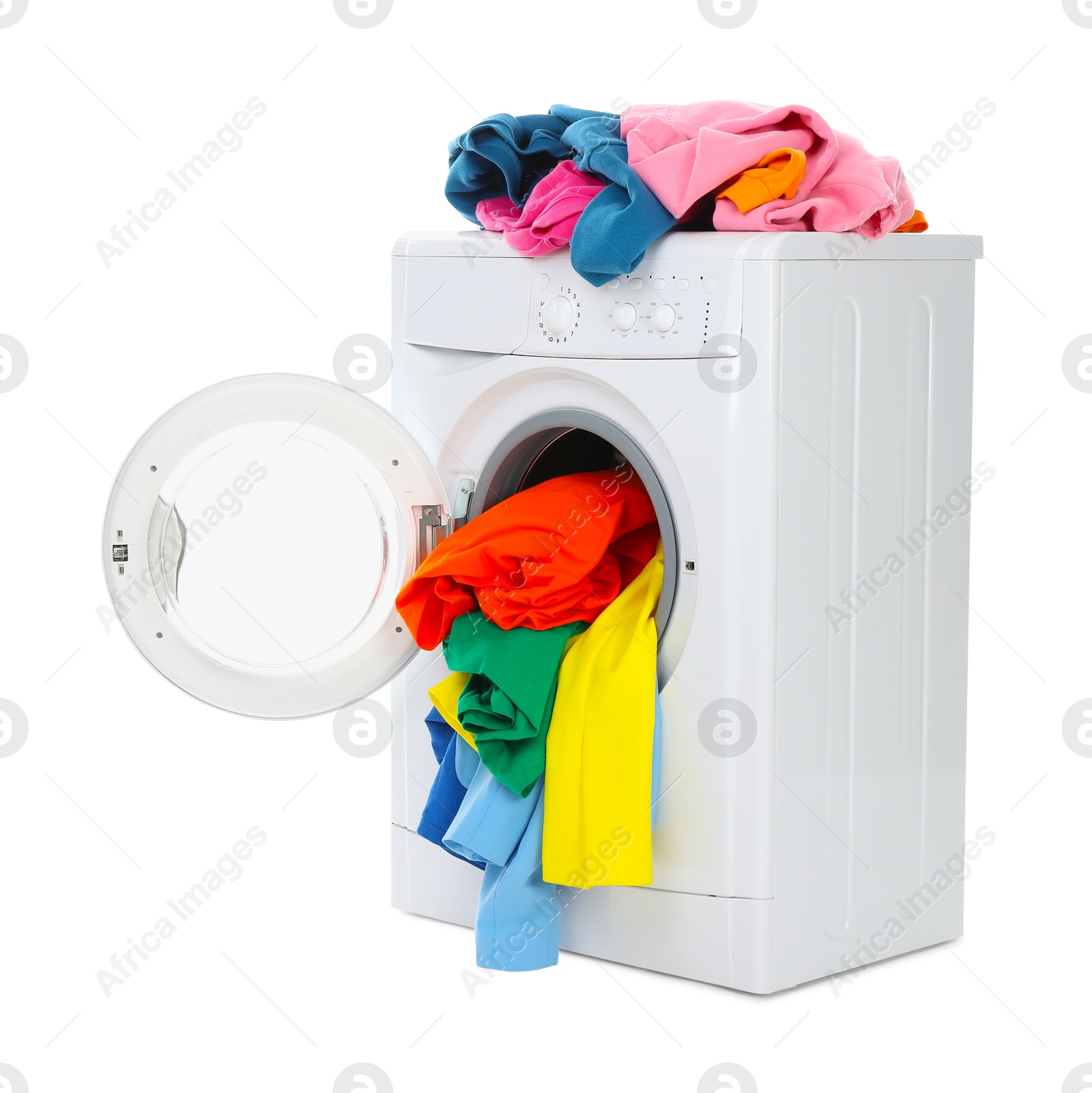 Photo of Modern washing machine with colorful laundry isolated on white