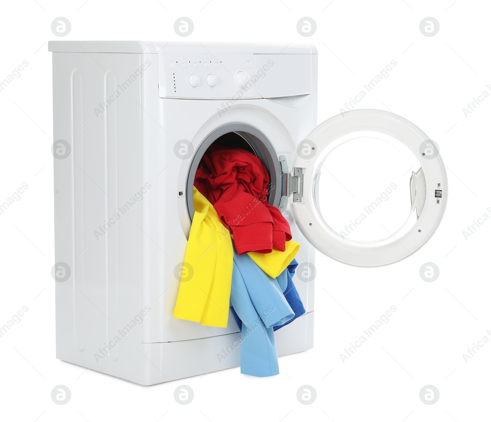 Photo of Modern washing machine with colorful laundry isolated on white