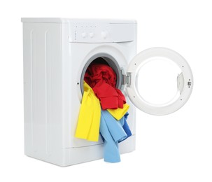 Photo of Modern washing machine with colorful laundry isolated on white