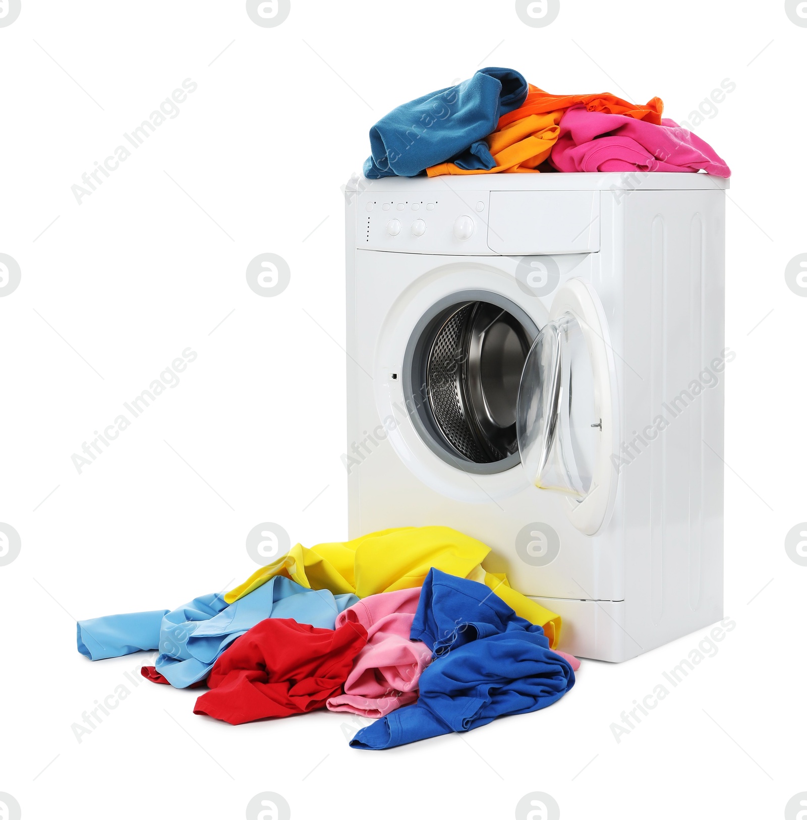 Photo of Modern washing machine with colorful laundry isolated on white