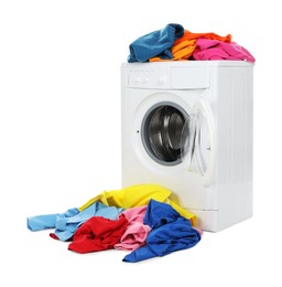 Photo of Modern washing machine with colorful laundry isolated on white