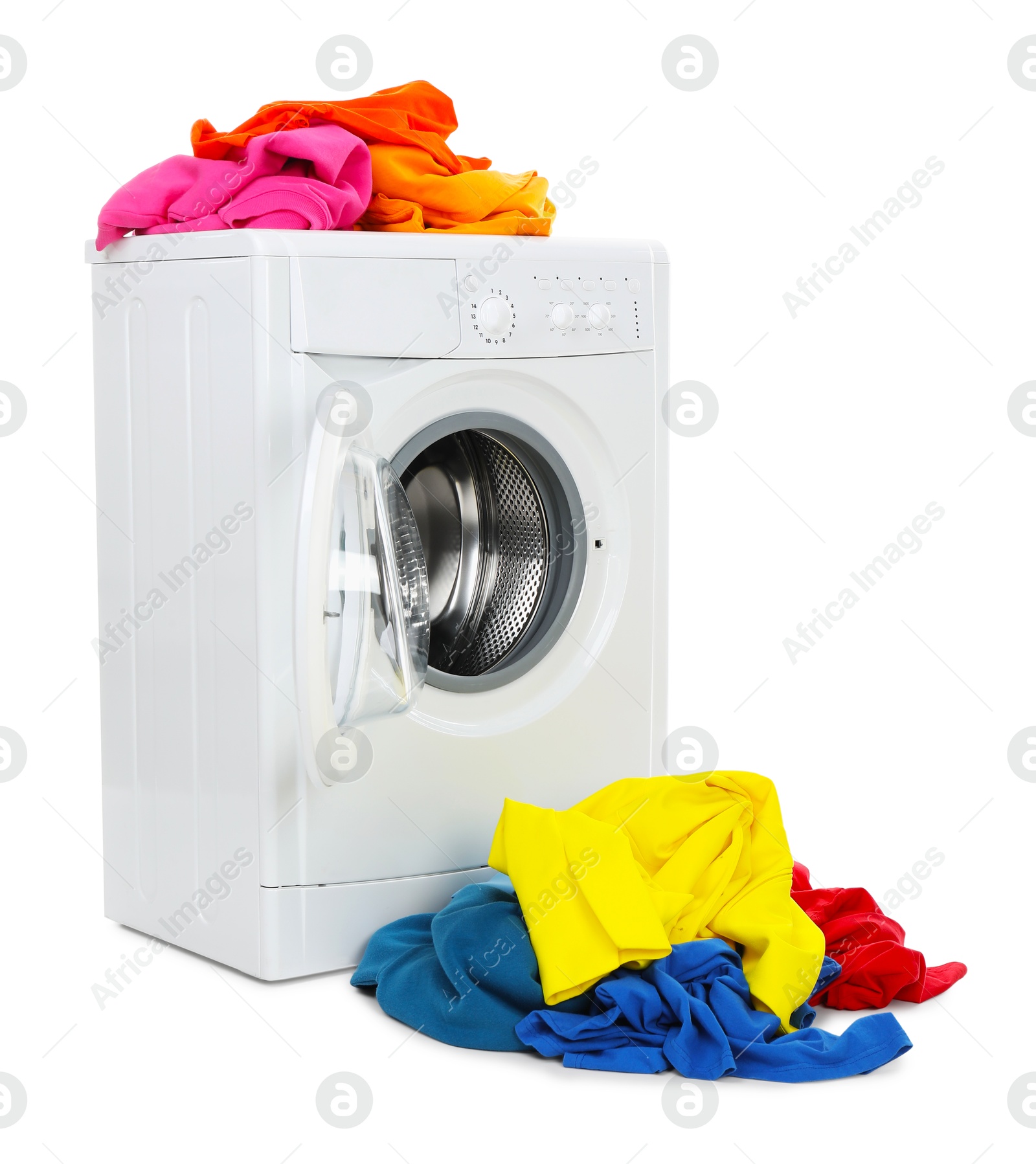 Photo of Modern washing machine with colorful laundry isolated on white