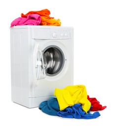 Photo of Modern washing machine with colorful laundry isolated on white