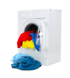 Photo of Modern washing machine with colorful laundry isolated on white