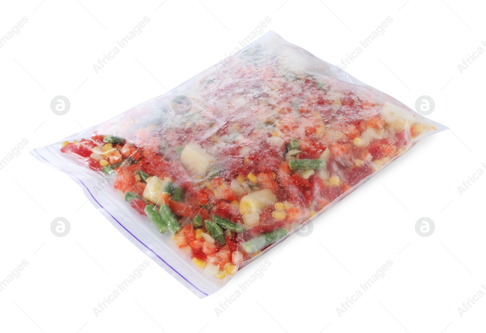 Photo of Mix of frozen vegetables in plastic bag isolated on white