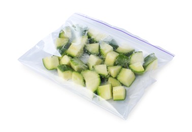 Photo of Frozen chopped zucchini in plastic bag isolated on white