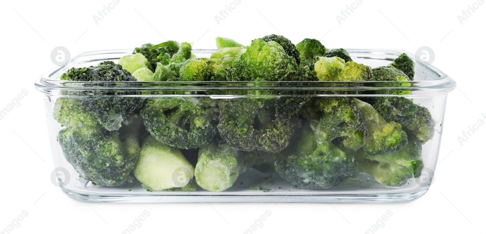 Photo of Frozen broccoli in container isolated on white