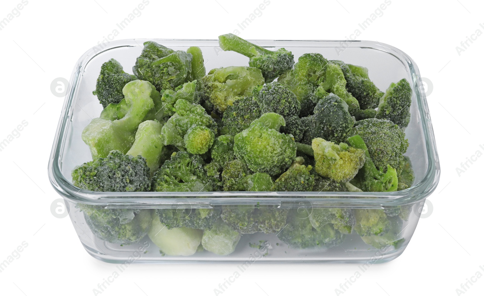 Photo of Frozen broccoli in container isolated on white