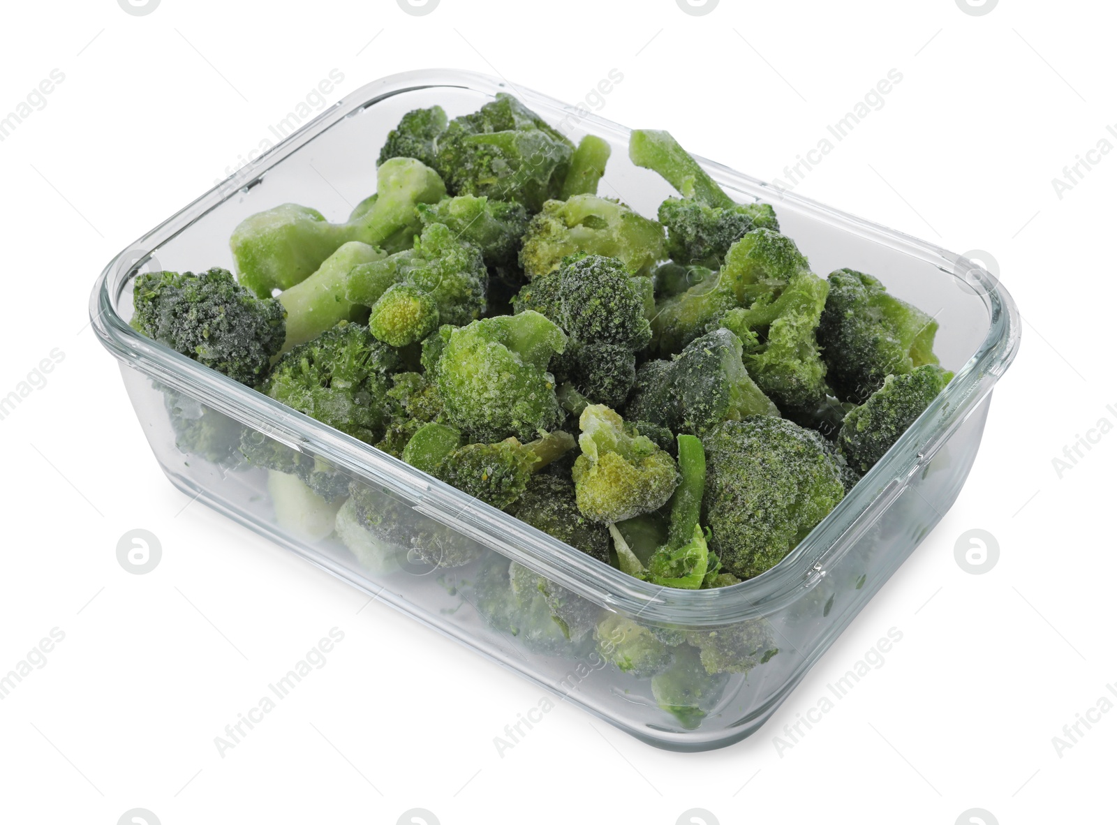 Photo of Frozen broccoli in container isolated on white