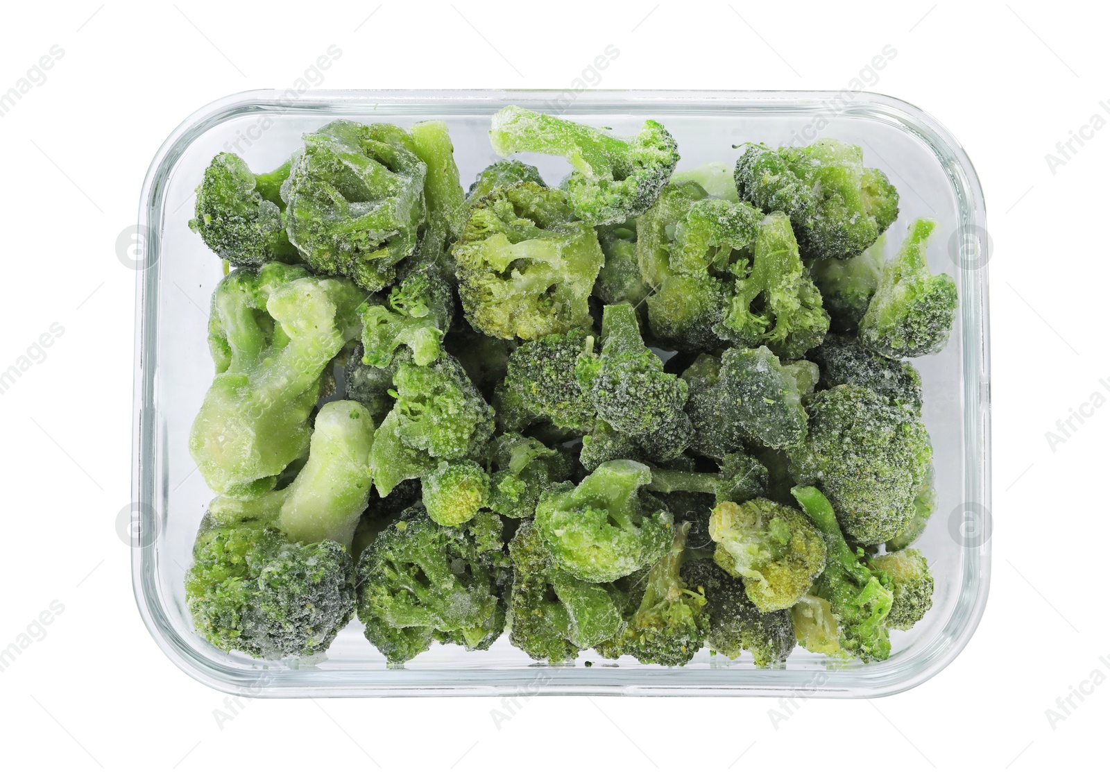 Photo of Frozen broccoli in container isolated on white, top view