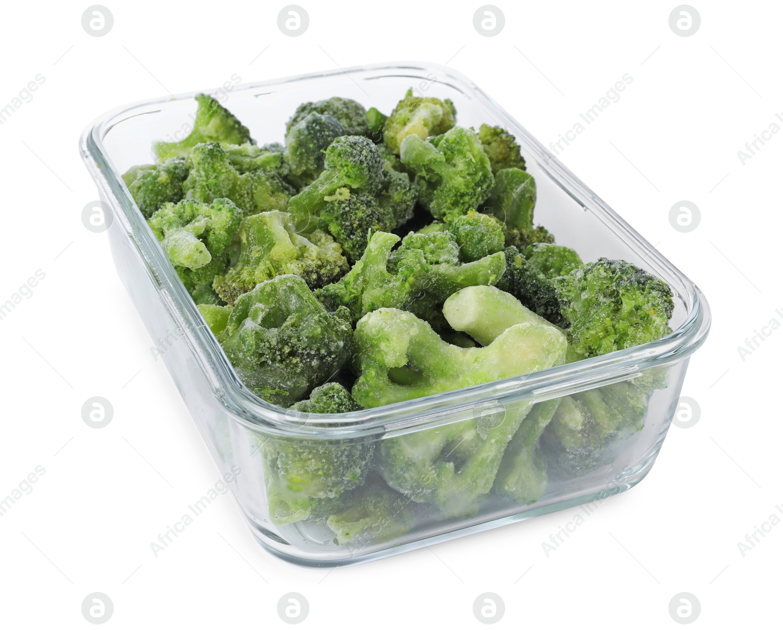 Photo of Frozen broccoli in container isolated on white