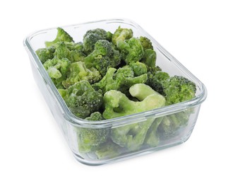 Photo of Frozen broccoli in container isolated on white