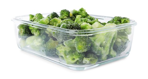 Photo of Frozen broccoli in container isolated on white