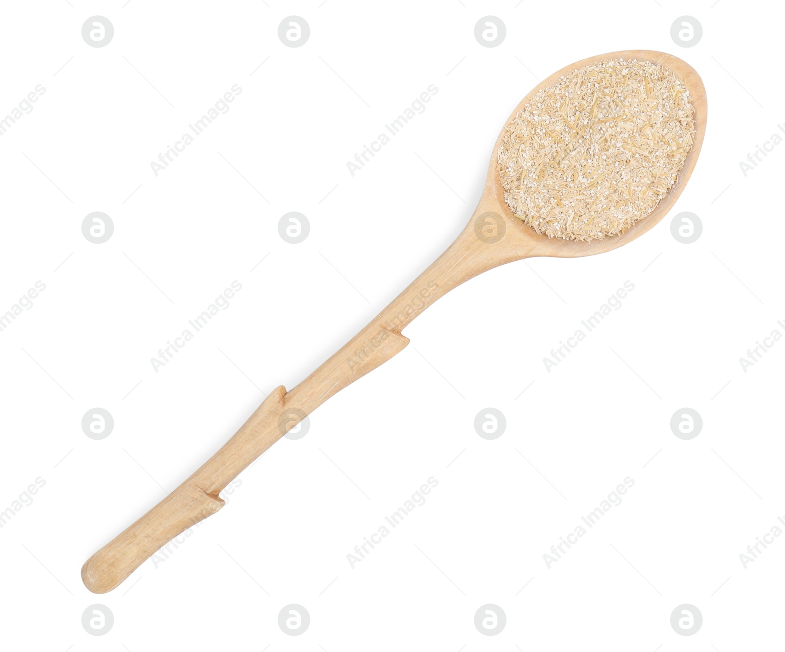 Photo of Spoon with oat bran isolated on white, top view