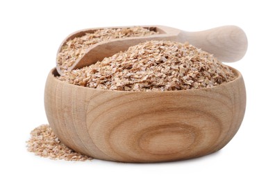 Photo of Buckwheat bran in wooden bowl and scoop isolated on white