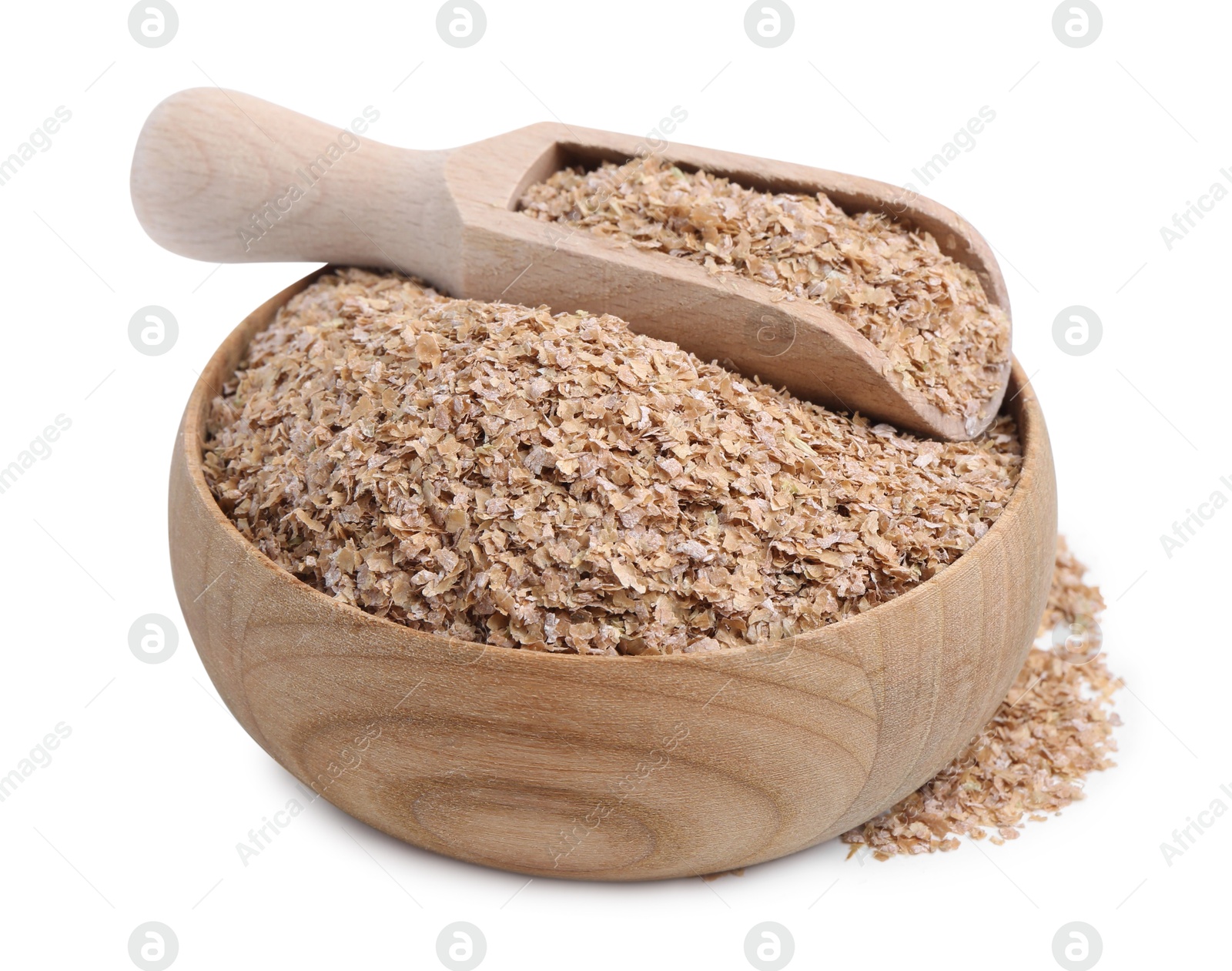 Photo of Buckwheat bran in wooden bowl and scoop isolated on white