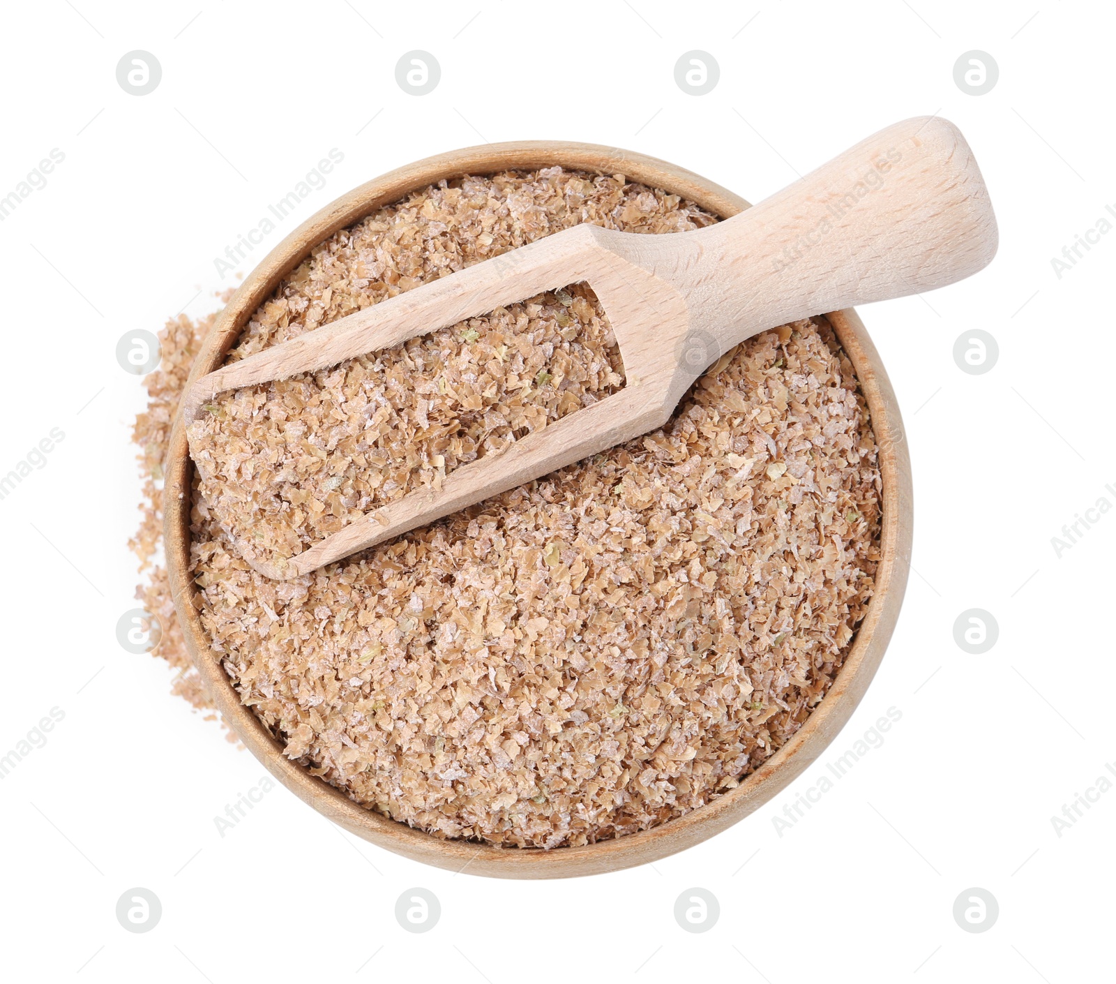 Photo of Buckwheat bran in wooden bowl and scoop isolated on white, top view