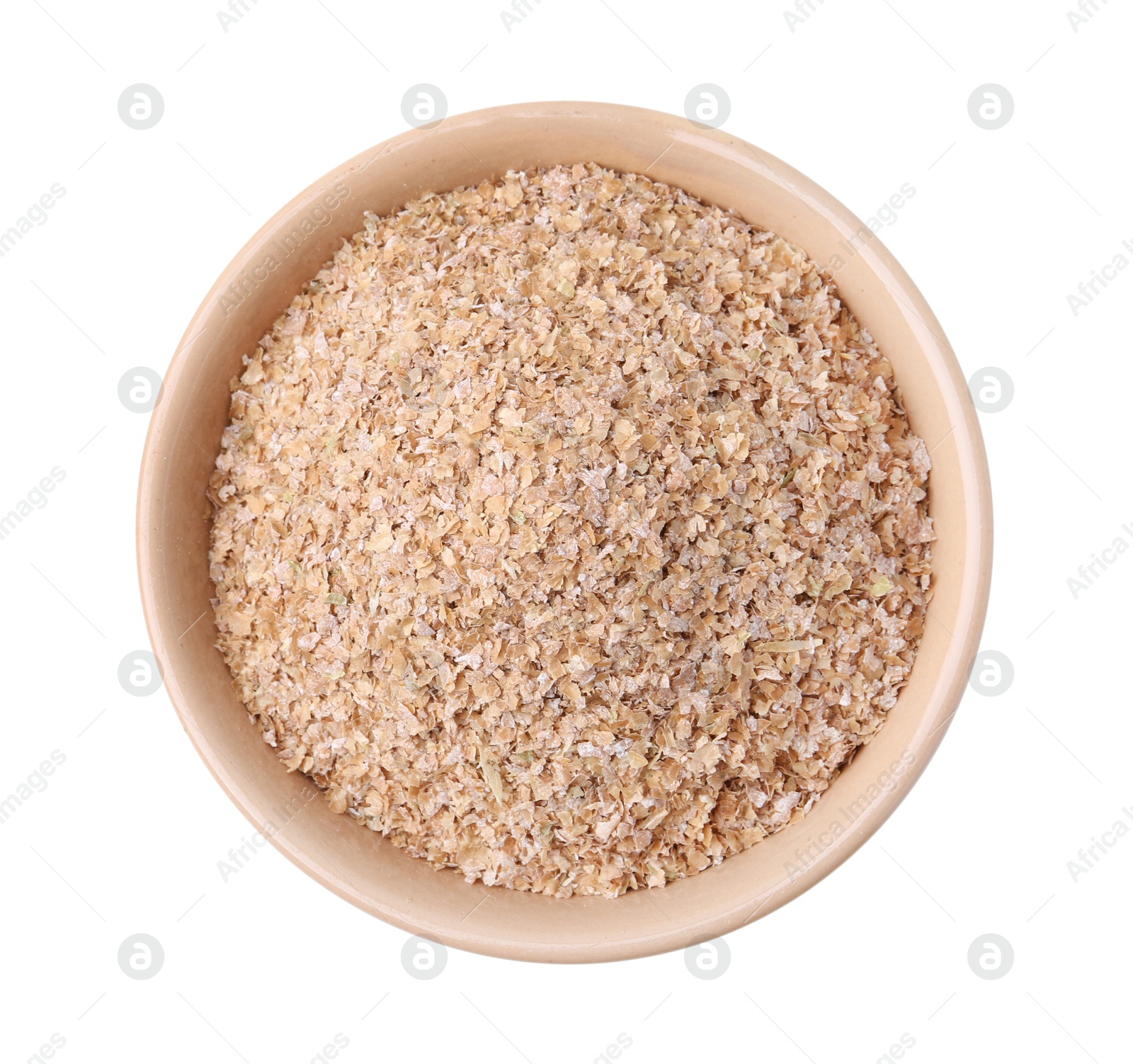 Photo of Buckwheat bran in bowl isolated on white, top view