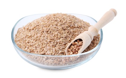 Photo of Buckwheat bran in glass bowl and grains isolated on white