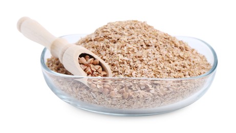 Photo of Buckwheat bran in glass bowl and grains isolated on white