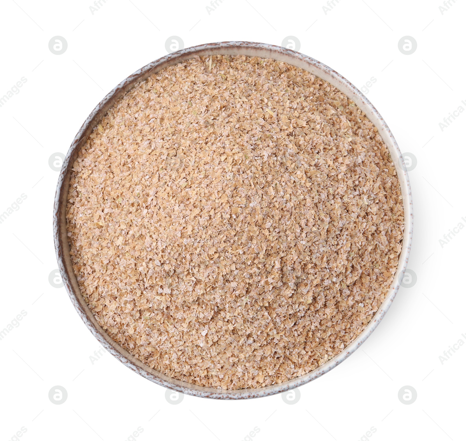 Photo of Buckwheat bran in bowl isolated on white, top view