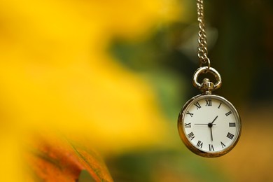 Photo of Autumn time. Chain watch on blurred background, closeup with space for text