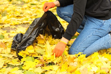 Photo of Man gathering fallen leaves into plastic bag outdoors, closeup