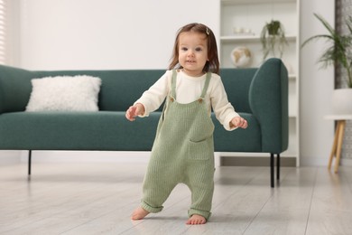 Photo of First steps. Cute little baby learning to walk at home