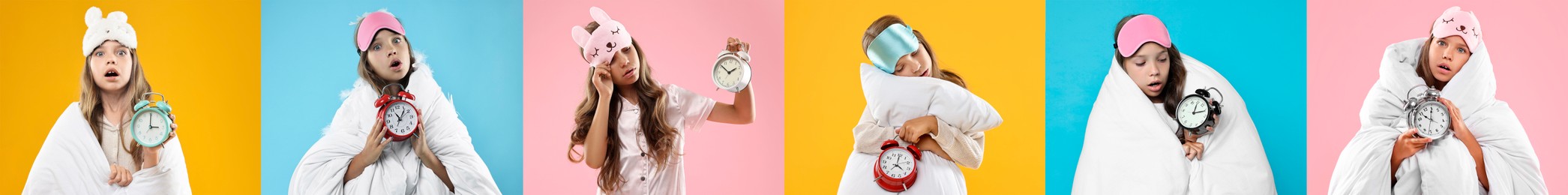 Image of Overslept girl with sleep mask. Collage on different colors backgrounds