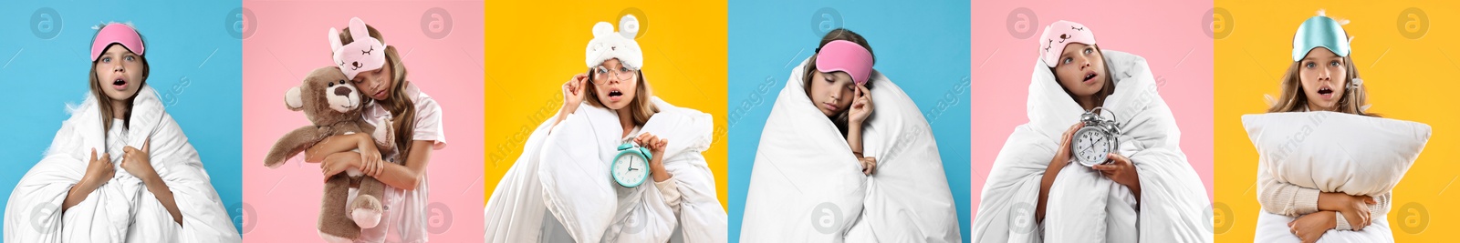 Image of Overslept girl with sleep mask. Collage on different colors backgrounds