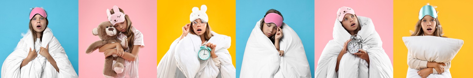 Image of Overslept girl with sleep mask. Collage on different colors backgrounds