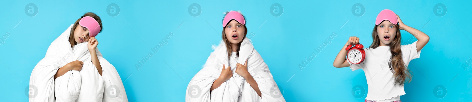 Image of Overslept girl with sleep mask on light blue background, collage