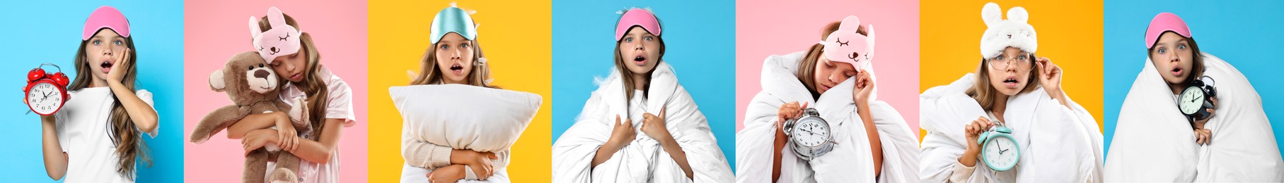 Image of Overslept girl with sleep mask. Collage on different colors backgrounds