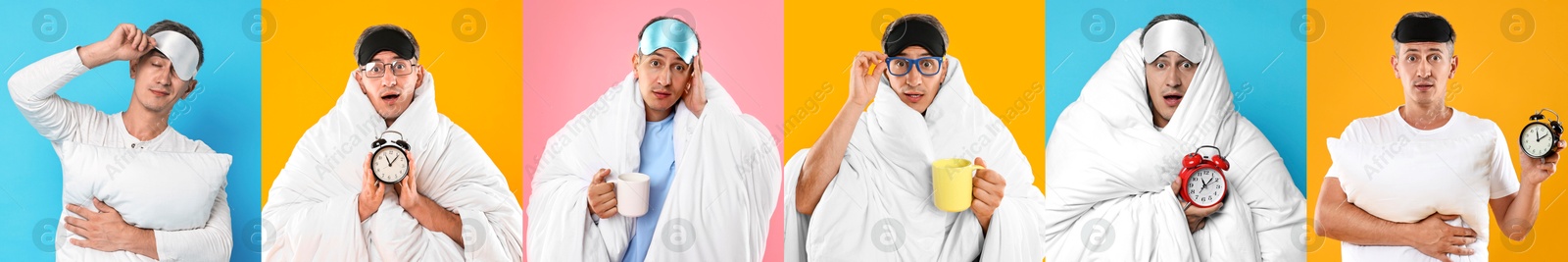 Image of Overslept man with sleep mask. Collage on different colors backgrounds