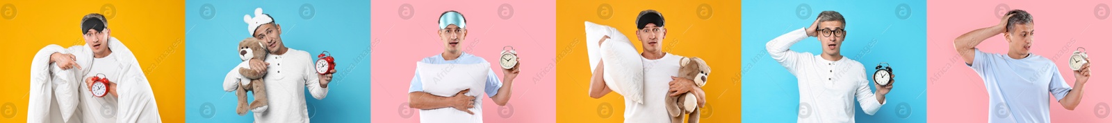 Image of Overslept man with sleep mask. Collage on different colors backgrounds