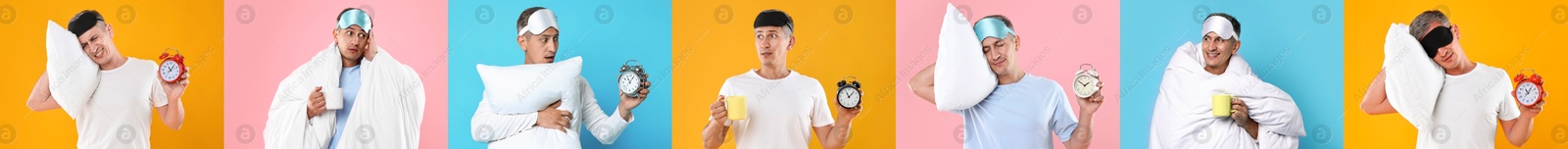 Image of Overslept man with sleep mask. Collage on different colors backgrounds