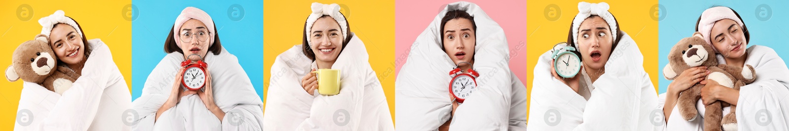 Image of Overslept woman, collage on different colors backgrounds